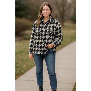 DQ Store Houndstooth Jacket Women's Small White Black Checkered Coat Trendy Fall